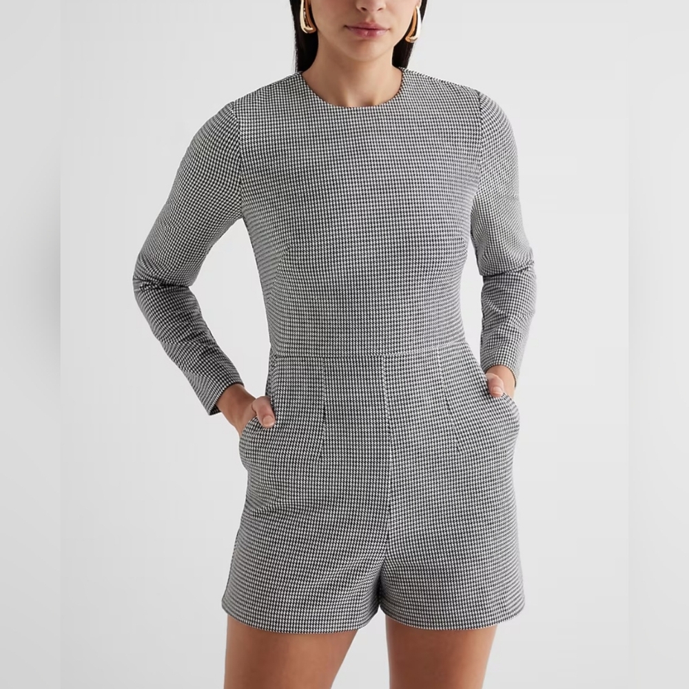 Houndstooth Crew Neck Long Sleeve Romper